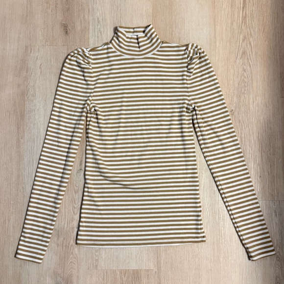 GAP Mock Neck Puff Sleeves Ribbed Tan and White Striped Long Sleeve Top - Picture 7 of 9